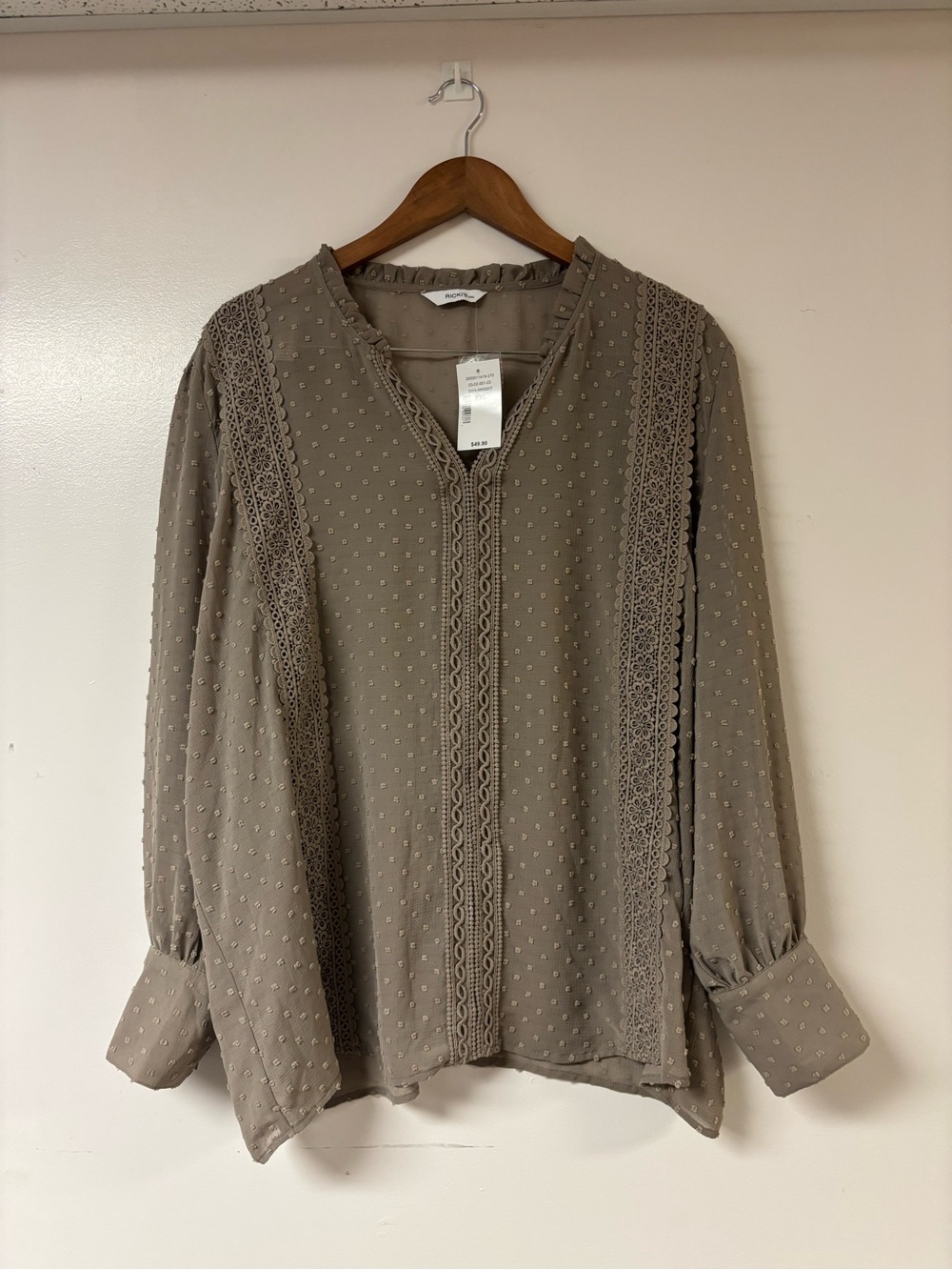Ricki's Taupe Swiss Dot Lace-Trim Blouse Size XXL Brand New!